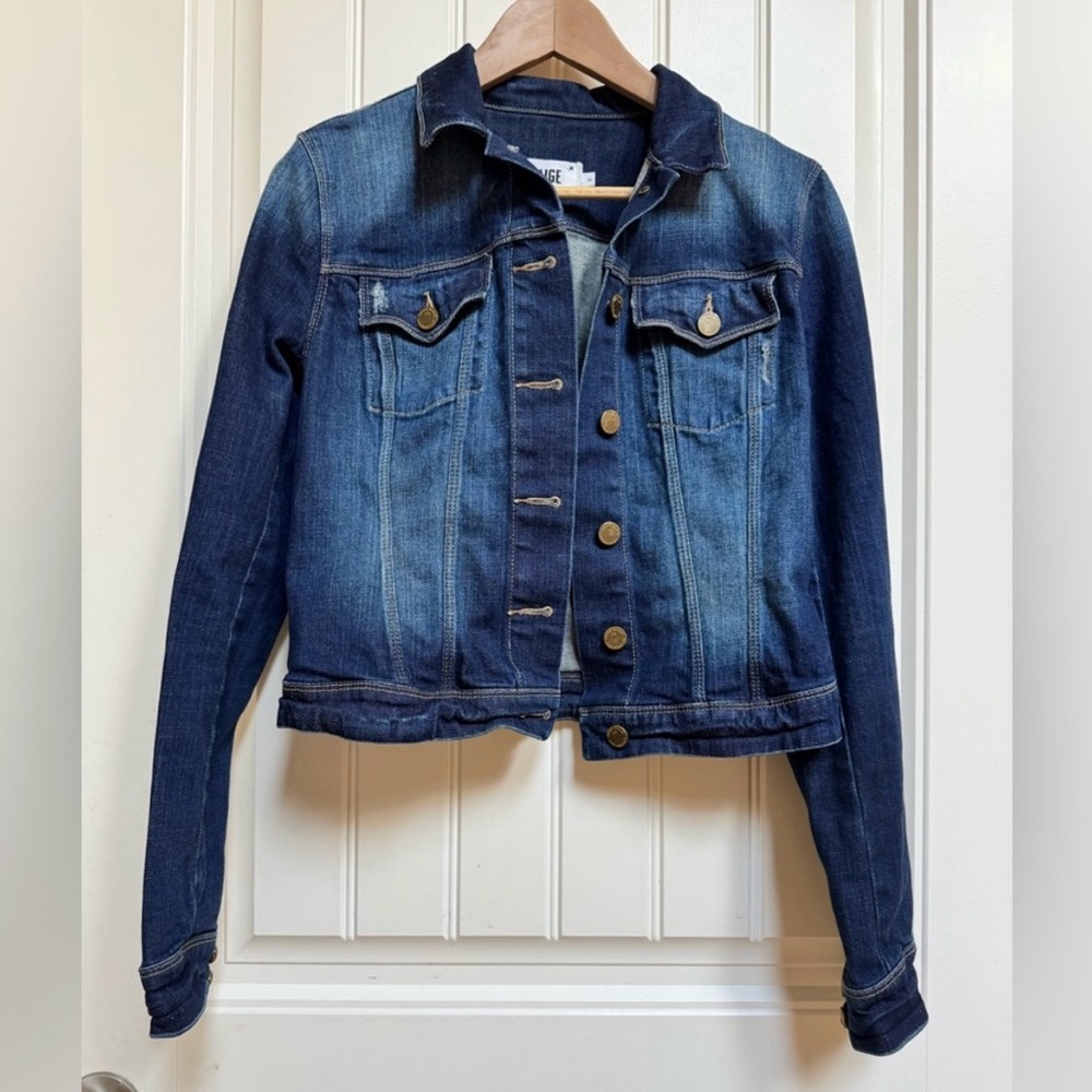 PAIGE Dark Wash Distressed Cropped Denim Jacket. Size Small